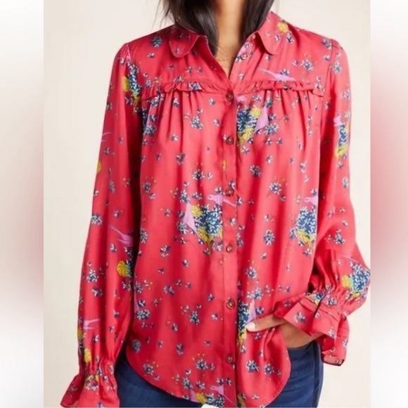 Anthropologie Maeve Fredericka Bird Floral Top Red Sz 0 Cottagecore Grandmacore - Picture 3 of 13
